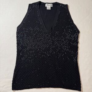Vtg 100% Merino Wool GANTOS Black Beaded V Neck Sweater Vest  Women's Size Large